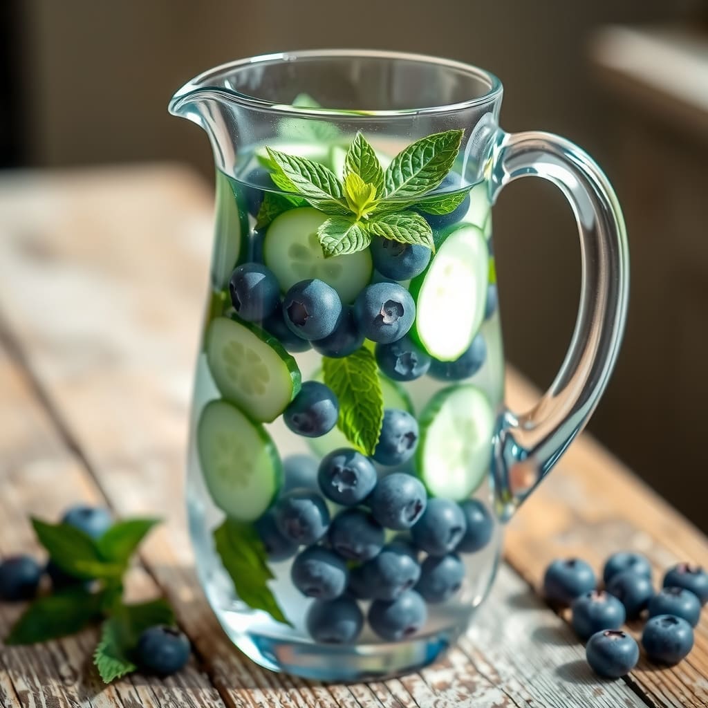 Una jarra de vidrio transparente llena de agua cristalina con arándanos flotando, rodajas finas de pepino y hojas de menta fresca sobre una mesa de madera rústica.