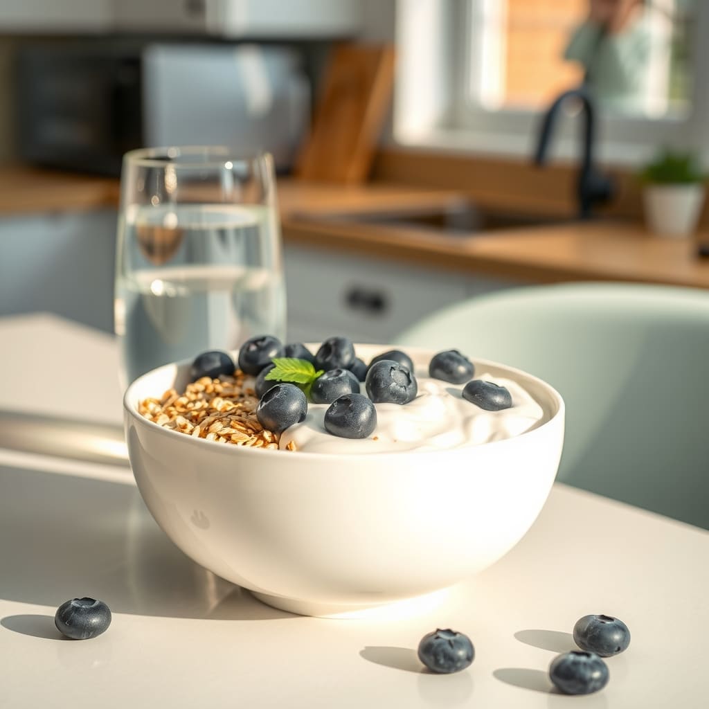 Bowl de desayuno con yogur, avena, semillas de chía y arándanos frescos junto a un vaso de agua