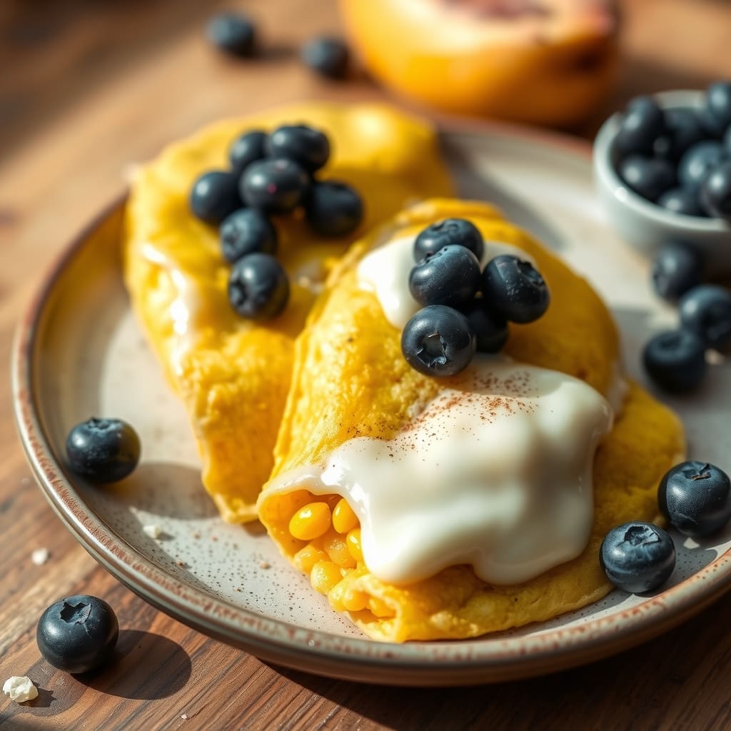 Arepas doraditas de maíz dulce abiertas con arándanos enteros y queso campesino derretido en un plato.