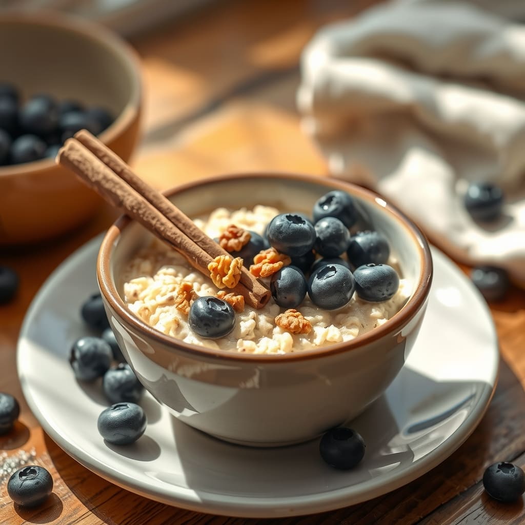 Tazón de avena caliente cremosa con panela disuelta, decorada con arándanos frescos, astilla de canela y nueces.