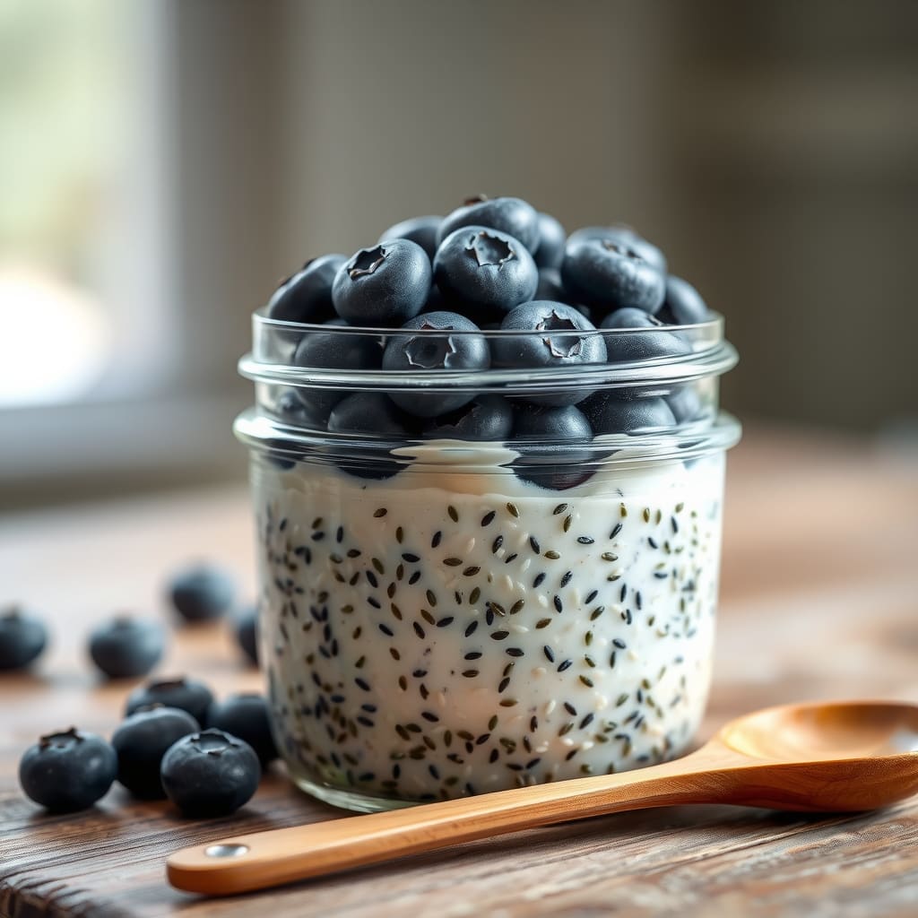 Un frasco de vidrio con avena nocturna cremosa, decorado con abundantes arándanos Fresh Pick frescos y una pizca de canela en la parte superior.