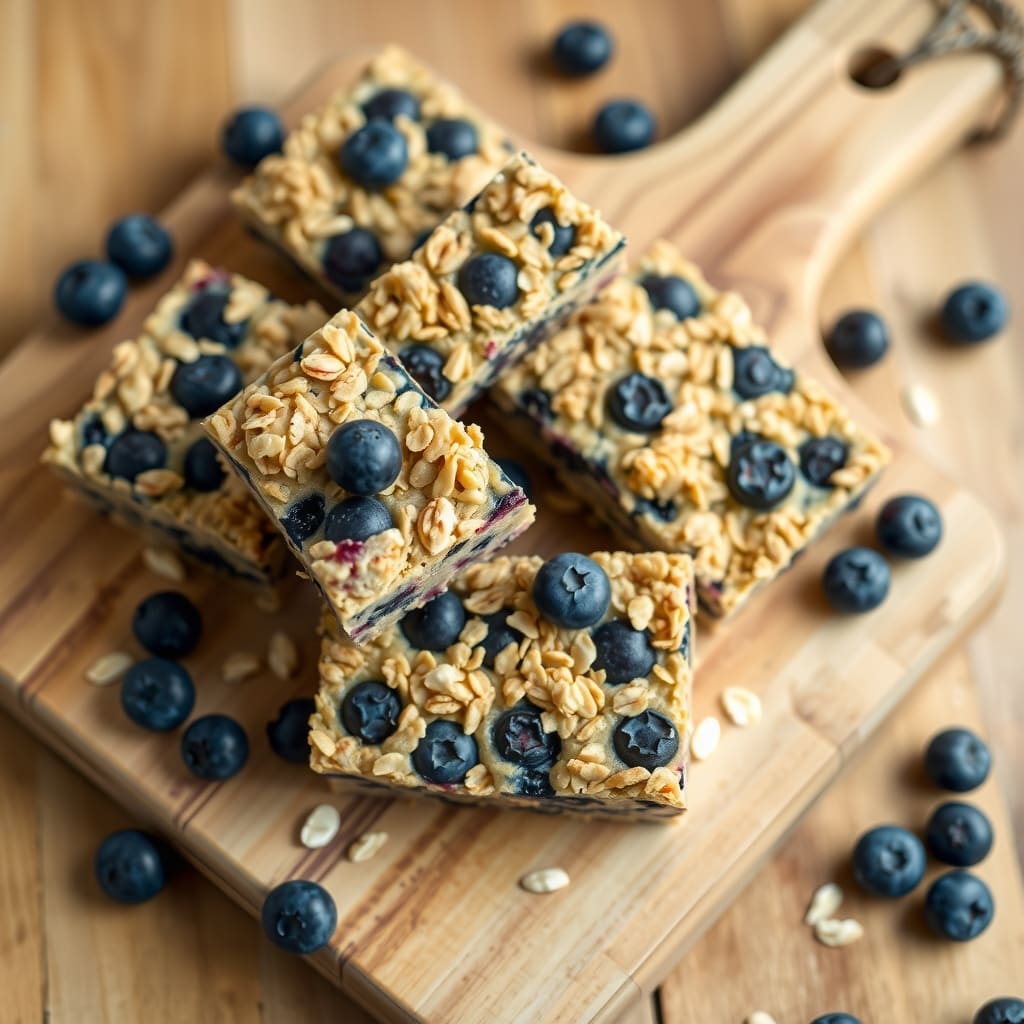Barritas caseras de granola y arándanos cortadas en porciones rectangulares sobre una tabla de madera.