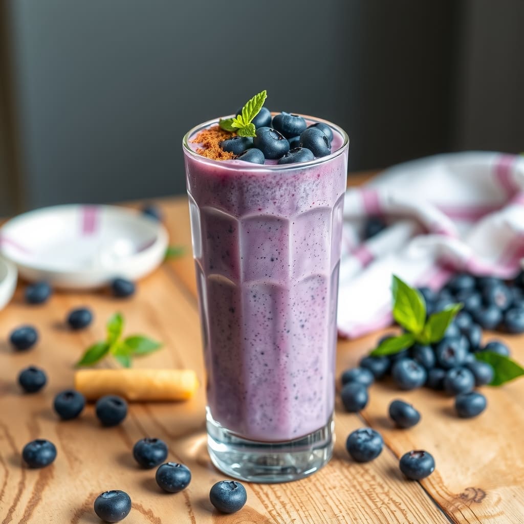 Vaso de vidrio con un batido cremoso de color violeta decorado con arándanos frescos y un toque de canela en polvo sobre una mesa de madera.