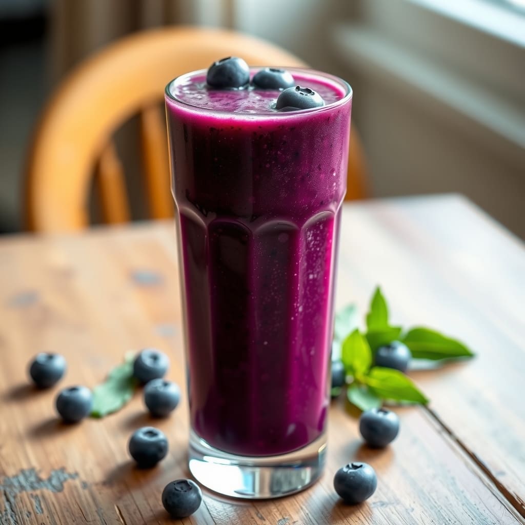 Un vaso de vidrio alto con un batido de color morado vibrante, decorado con arándanos frescos en el tope, sobre una mesa de madera rústica.
