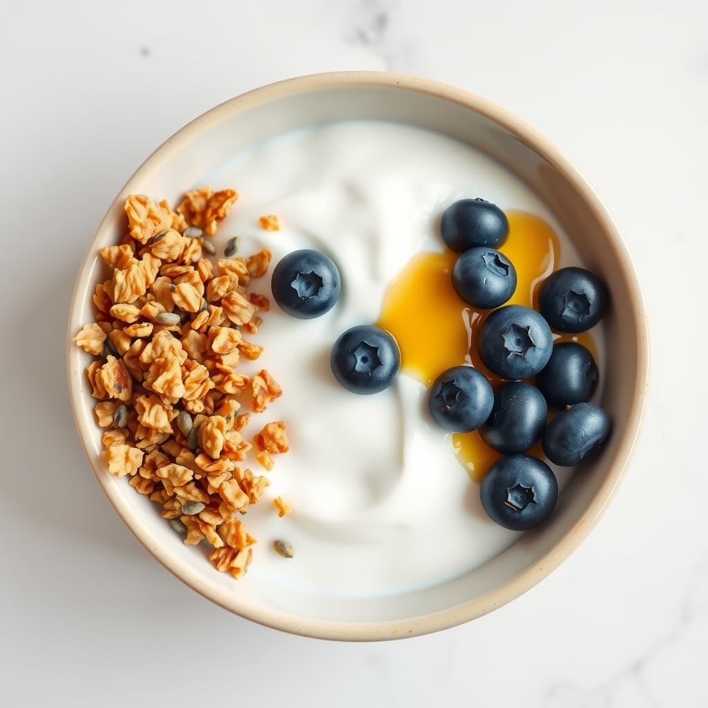 Bowl de yogur natural con granola crocante, arándanos frescos, semillas de chía y un hilo de miel