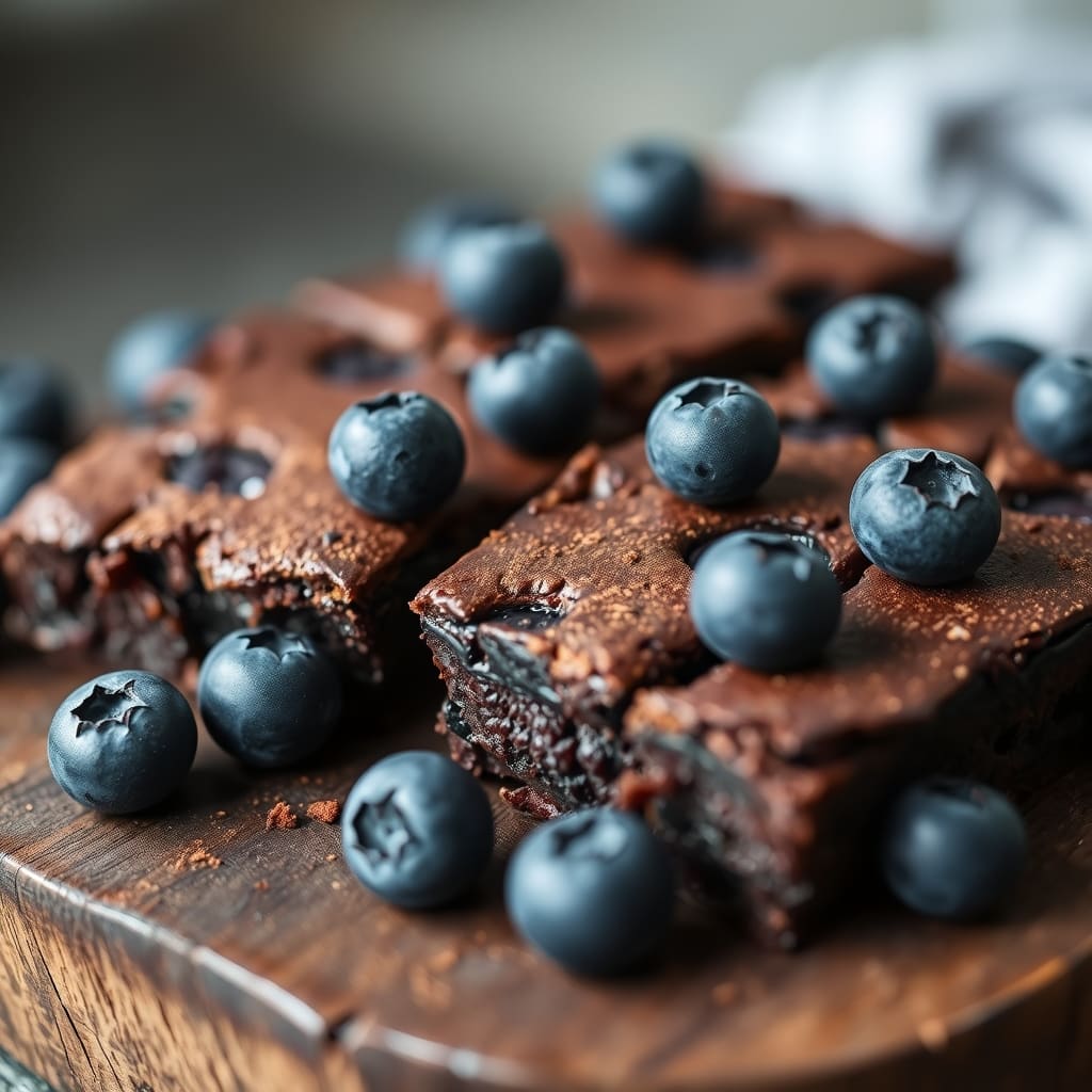 Brownies melcochudos de cacao cortados en cuadros con arándanos frescos horneados en su interior y por encima.