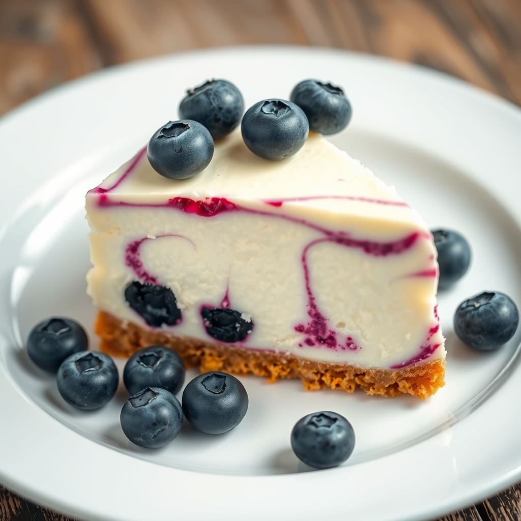 Porción de cheesecake de arándanos sin horno sobre un plato blanco, decorado con arándanos frescos enteros en la parte superior.