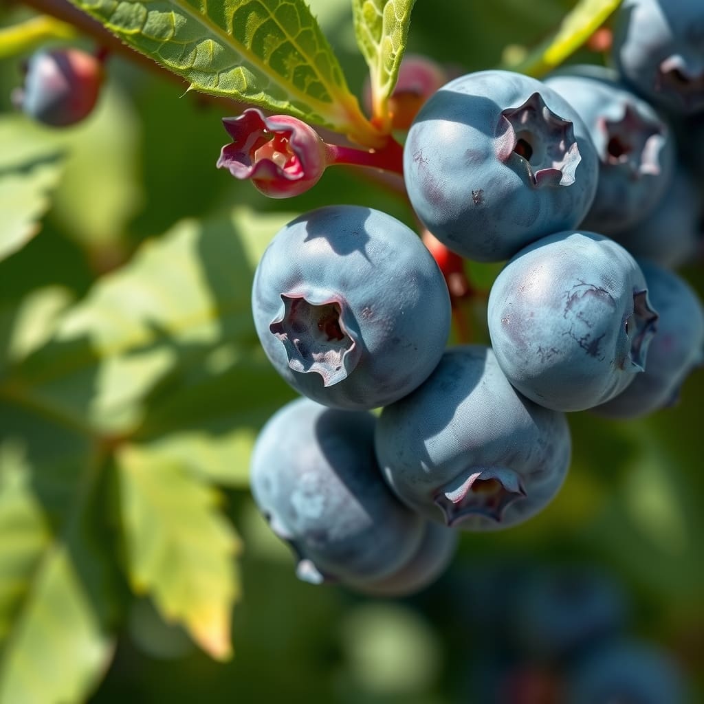 Arándanos frescos expuestos a la luz solar natural en un campo de cultivo, resaltando su color azul y su pruina natural.