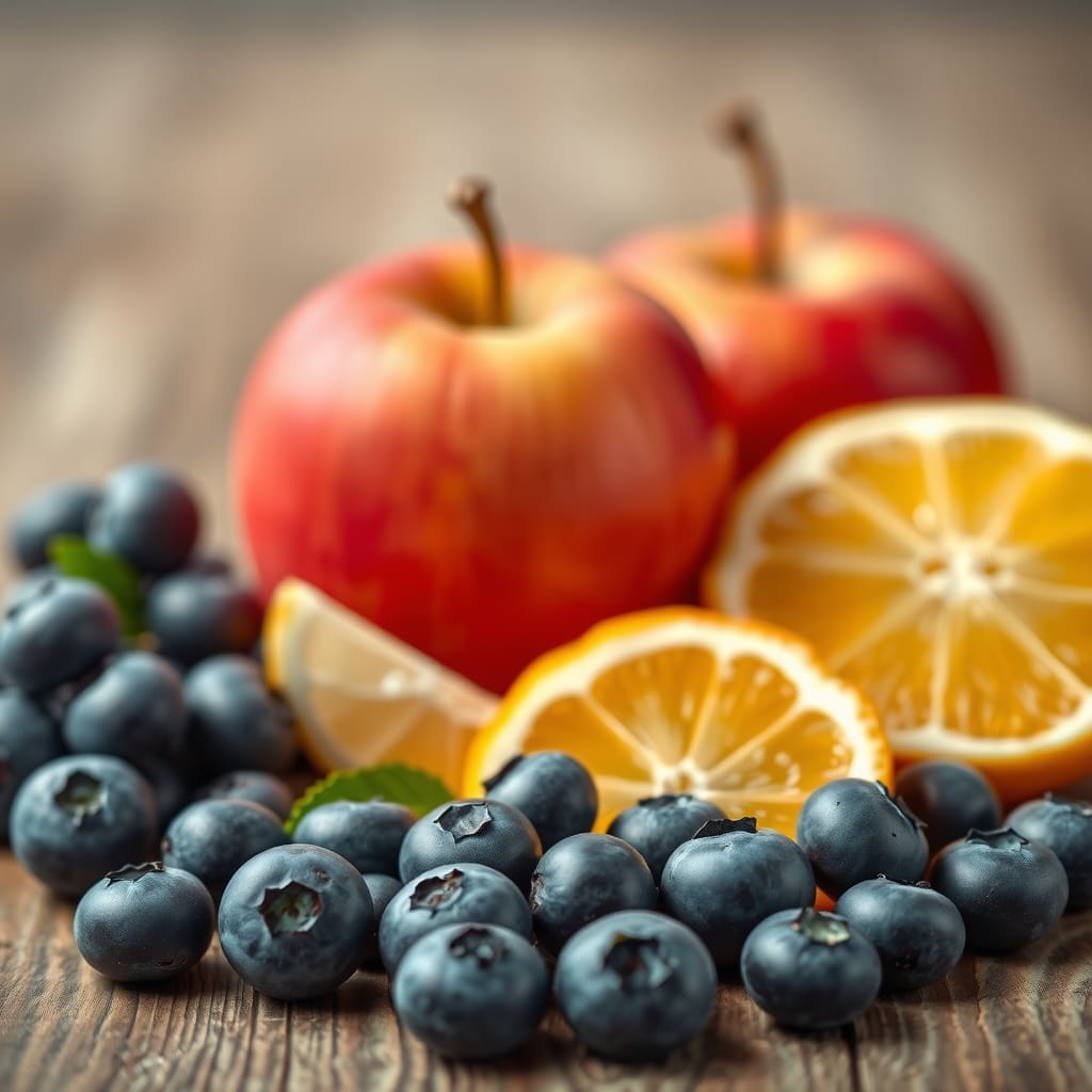 Arándanos frescos con su pruina natural junto a una manzana roja y rodajas de cítricos sobre una mesa de madera rústica.
