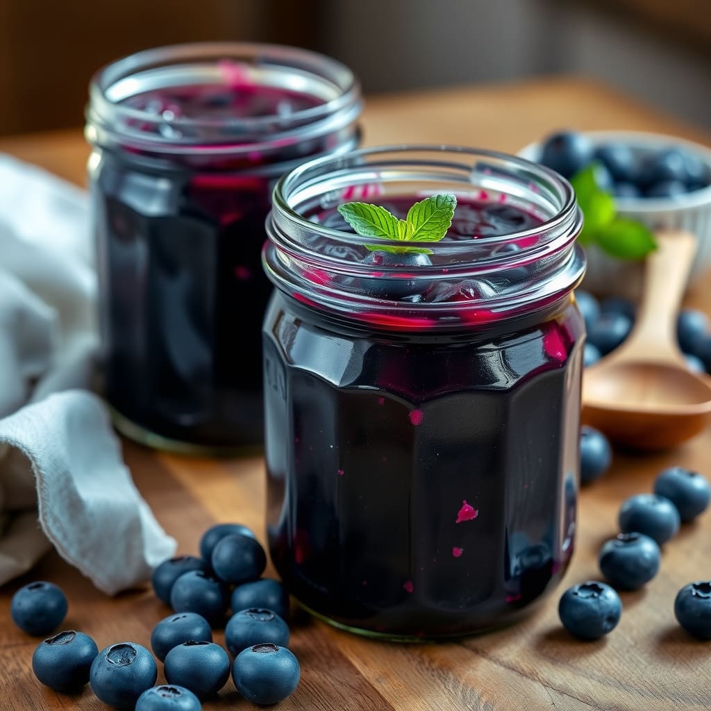 Compota de arándanos de color morado intenso en un frasco rústico de vidrio, con frutos enteros suspendidos en un almíbar brillante y una cuchara de madera al lado.