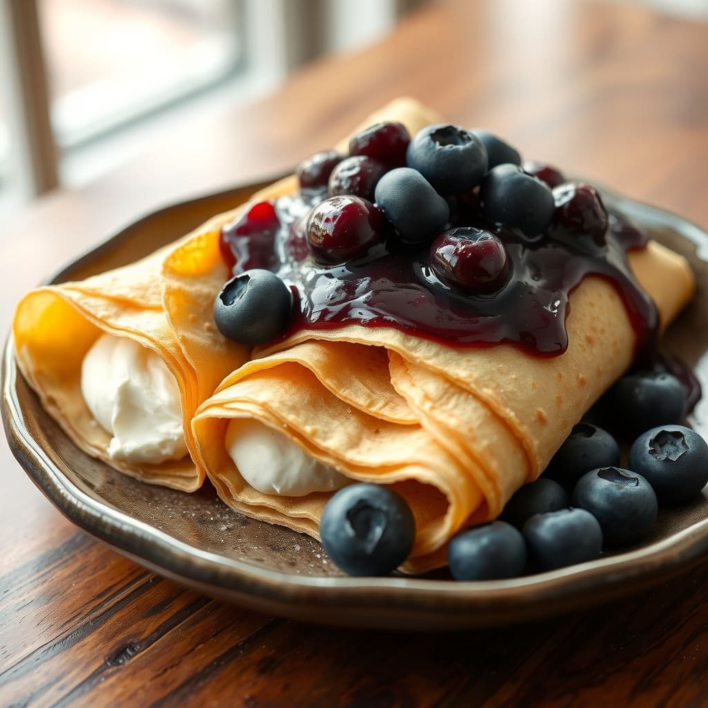 Crepes doradas dobladas en triángulos, rellenas de queso crema y coronadas con salsa brillante y arándanos frescos enteros.