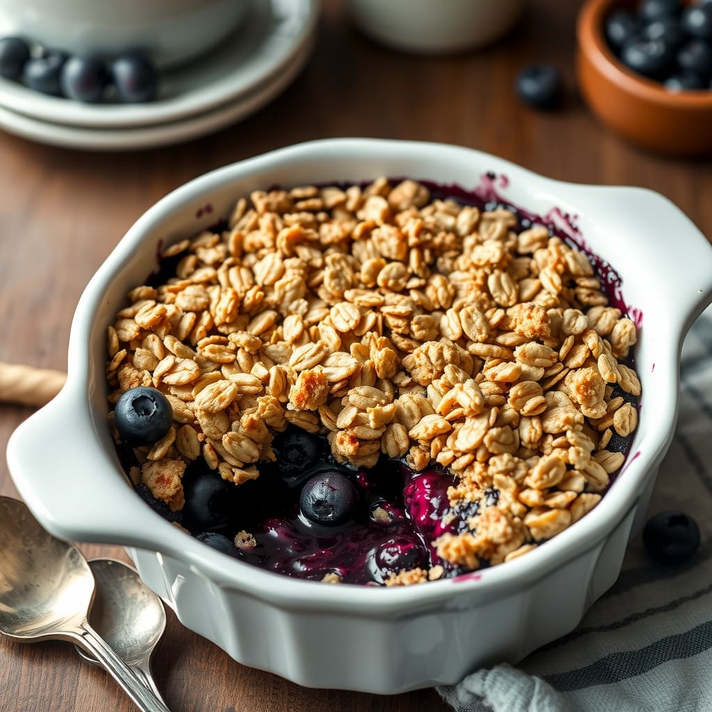 Crumble de arándanos y avena recién horneado en un molde cerámico, mostrando los arándanos burbujeantes y la cobertura dorada y crujiente.