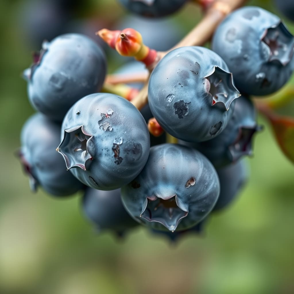 Arándanos frescos cultivados en altura con su capa de pruina natural intacta en las ramas.