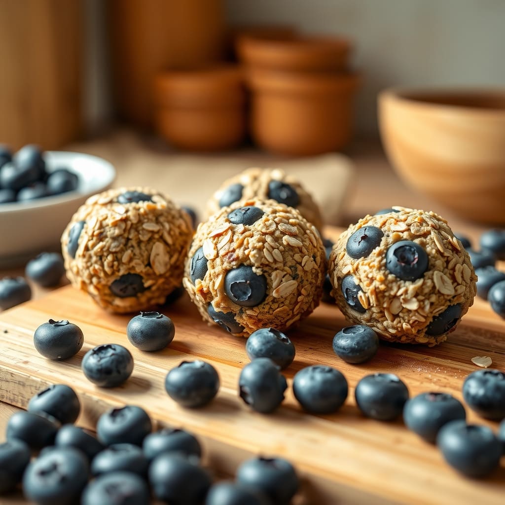 Tres energy balls de avena y arándanos enteros sobre una tabla de madera rústica, con arándanos frescos esparcidos alrededor.