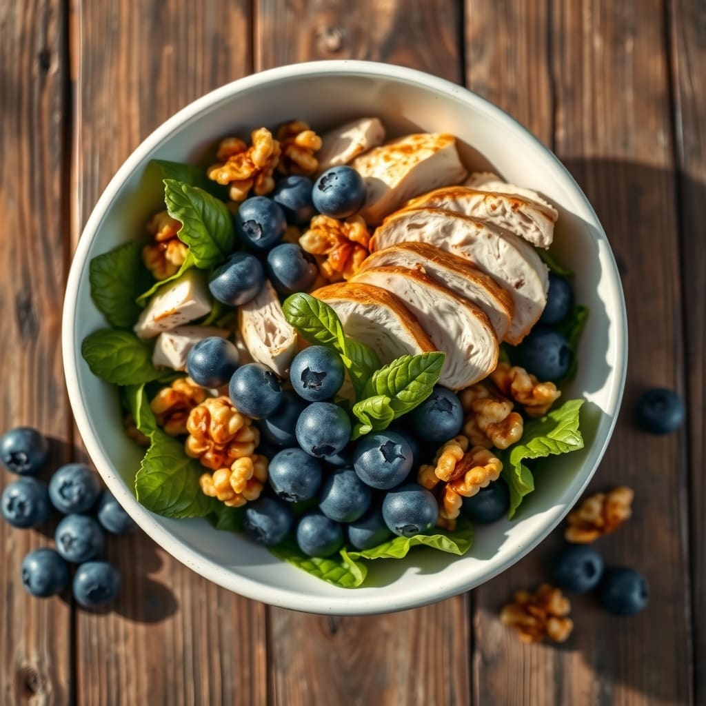 Ensalada fresca en un tazón hondo con trozos de pollo dorados, nueces y abundantes arándanos enteros.