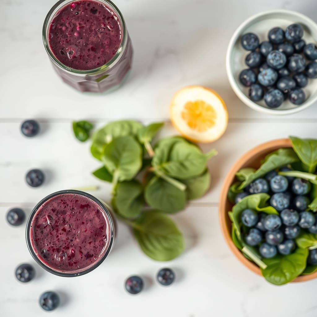 Varias preparaciones sencillas con arándanos frescos: smoothie, bowl de yogur, ensalada de espinaca y un bowl de arándanos