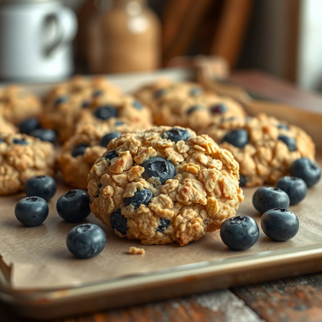 Galletas doradas de avena con arándanos frescos enteros sobre una bandeja metálica con papel mantequilla.