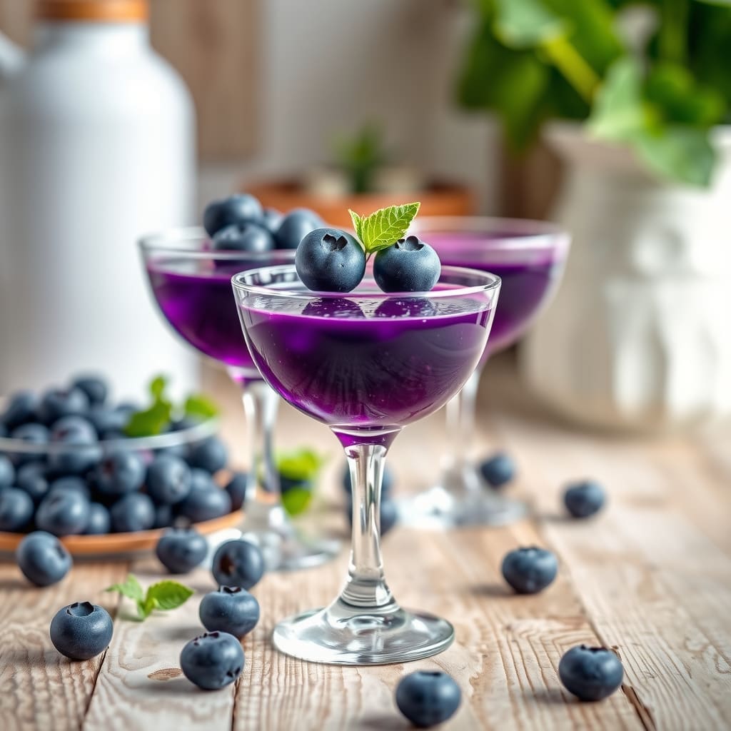Copas de cristal con gelatina natural de arándanos de color morado intenso, decoradas con arándanos enteros.