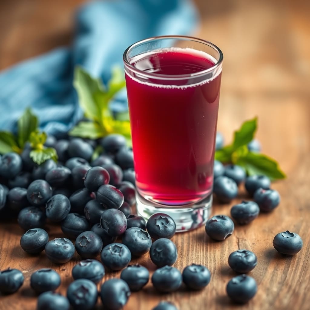 Jugo de arándanos frescos en un vaso de vidrio junto a arándanos enteros sobre una mesa de madera.
