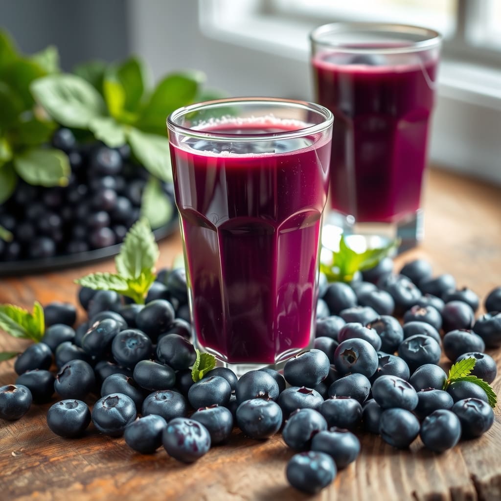Vasos con jugo de arándanos fresco y frutos enteros sobre una mesa de madera.