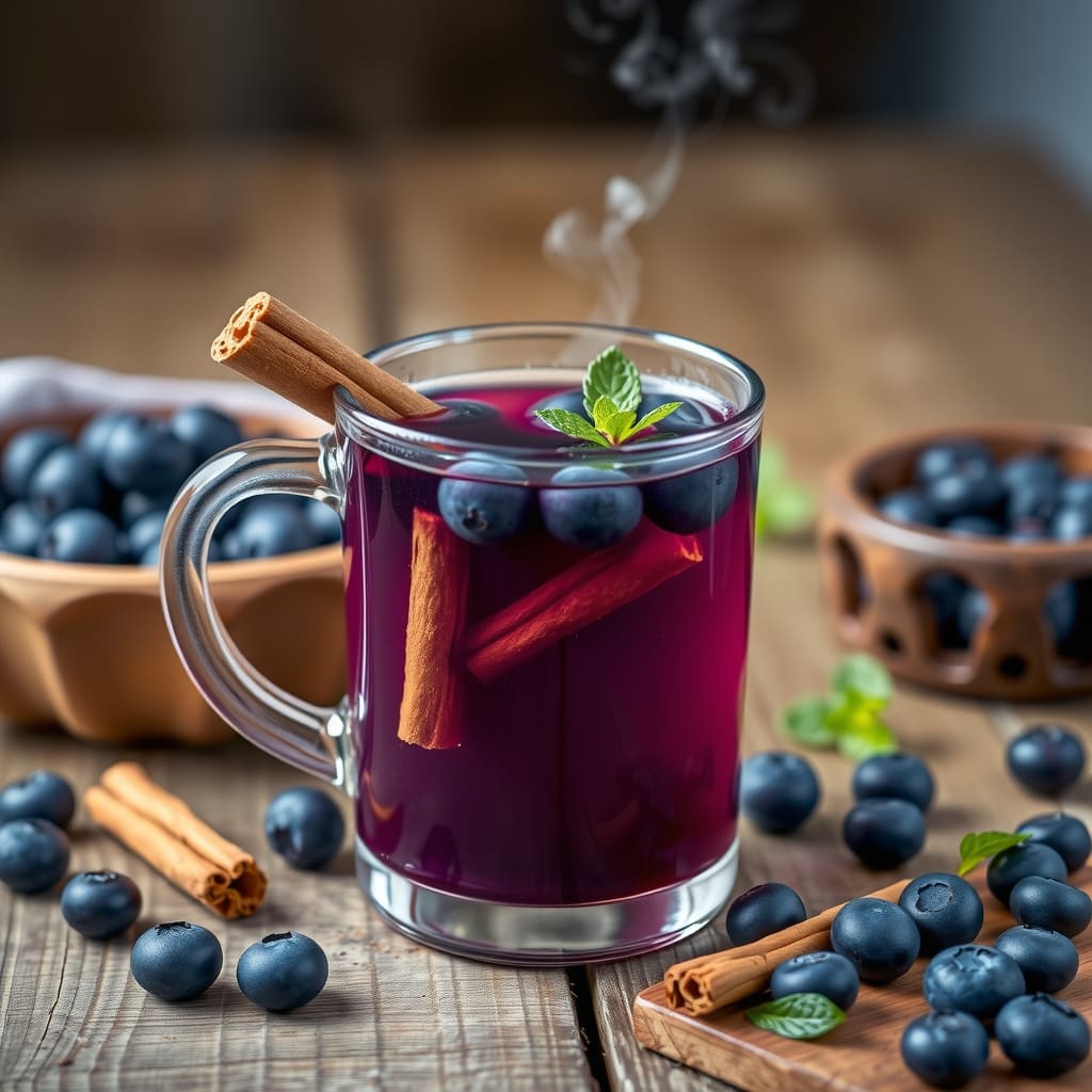 Taza de cristal con infusión caliente de arándanos y canela, soltando vapor con una astilla de canela dentro.