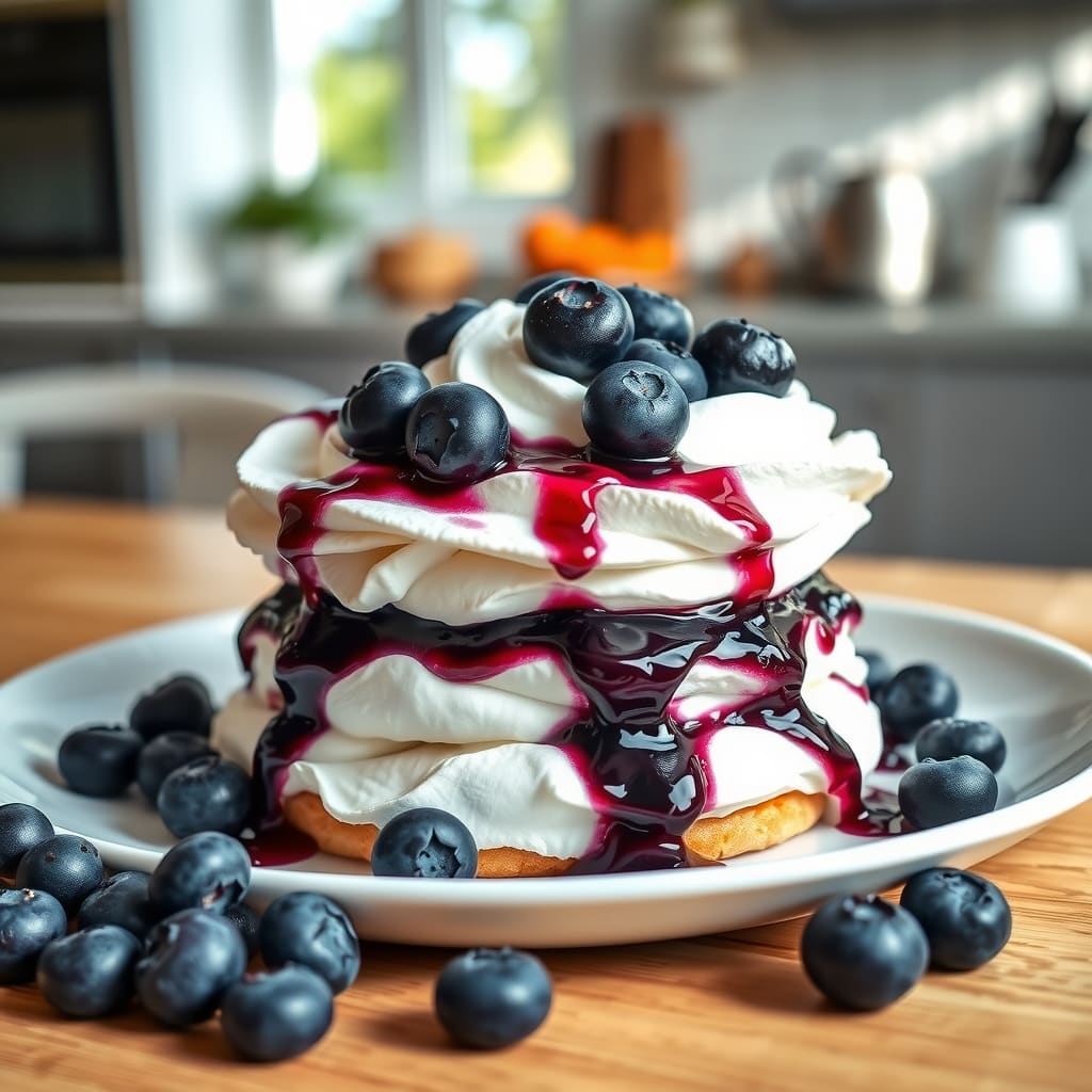 Merengón ligero de arándanos frescos con capas de merengue horneado y crema suave de yogur griego.