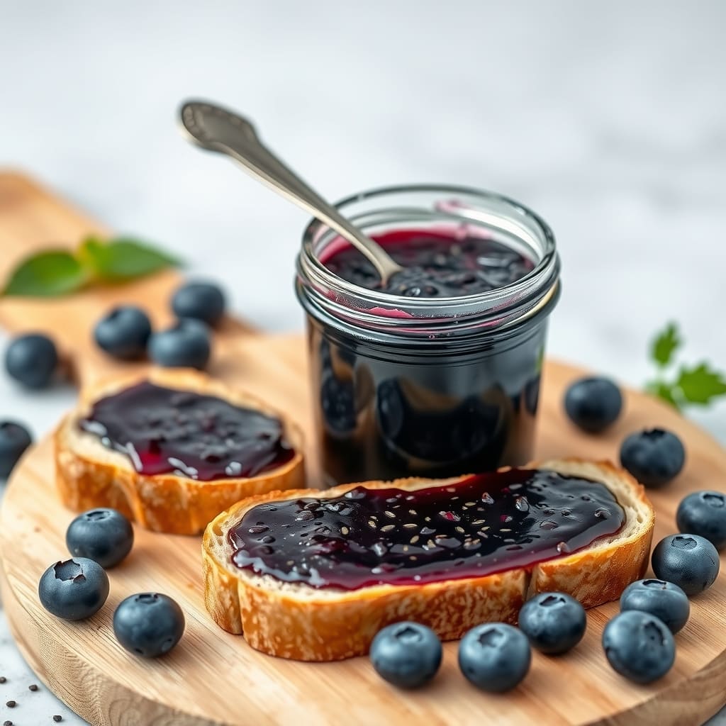 Frasco de vidrio con mermelada casera de arándanos y chía, una tostada untada y arándanos frescos
