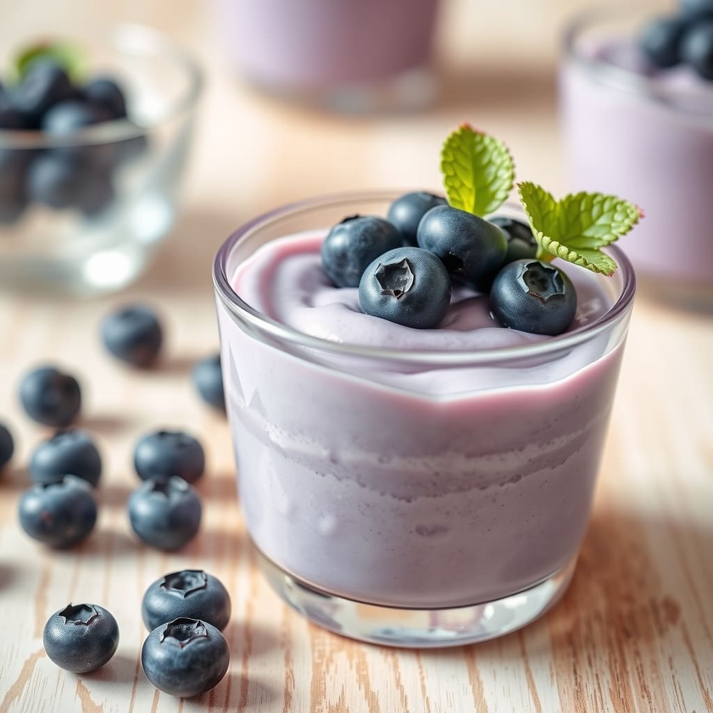 Vasito de cristal con mousse de arándanos de color morado suave, decorado con arándanos frescos enteros encima.
