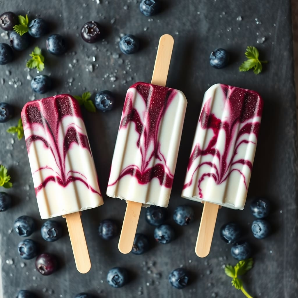 Paletas heladas marmoleadas de arándanos frescos y yogur blanco sobre bandeja rústica.