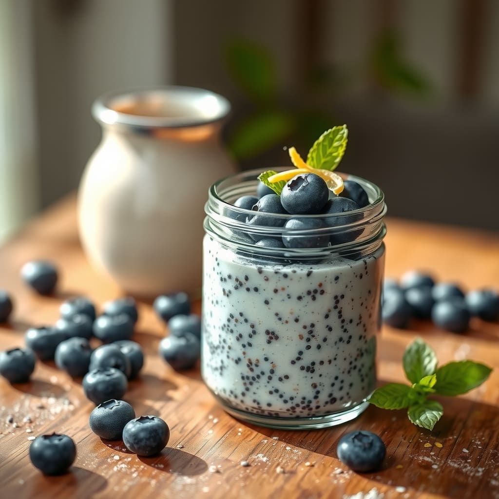 Frasco de vidrio con pudín de chía cremoso y capas de arándanos Fresh Pick frescos sobre una mesa de madera.