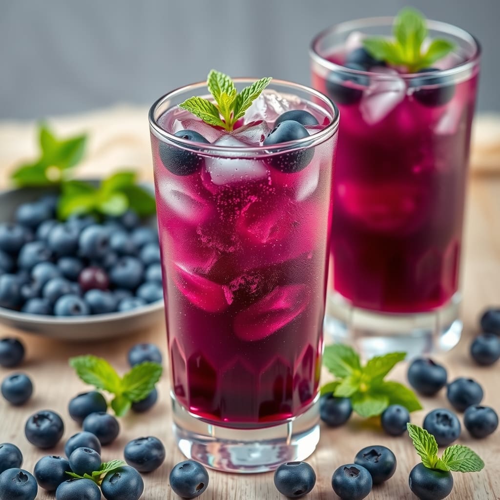 Vasos de refresco de arándanos con agua con gas, arándanos frescos y ramitas de hierbabuena