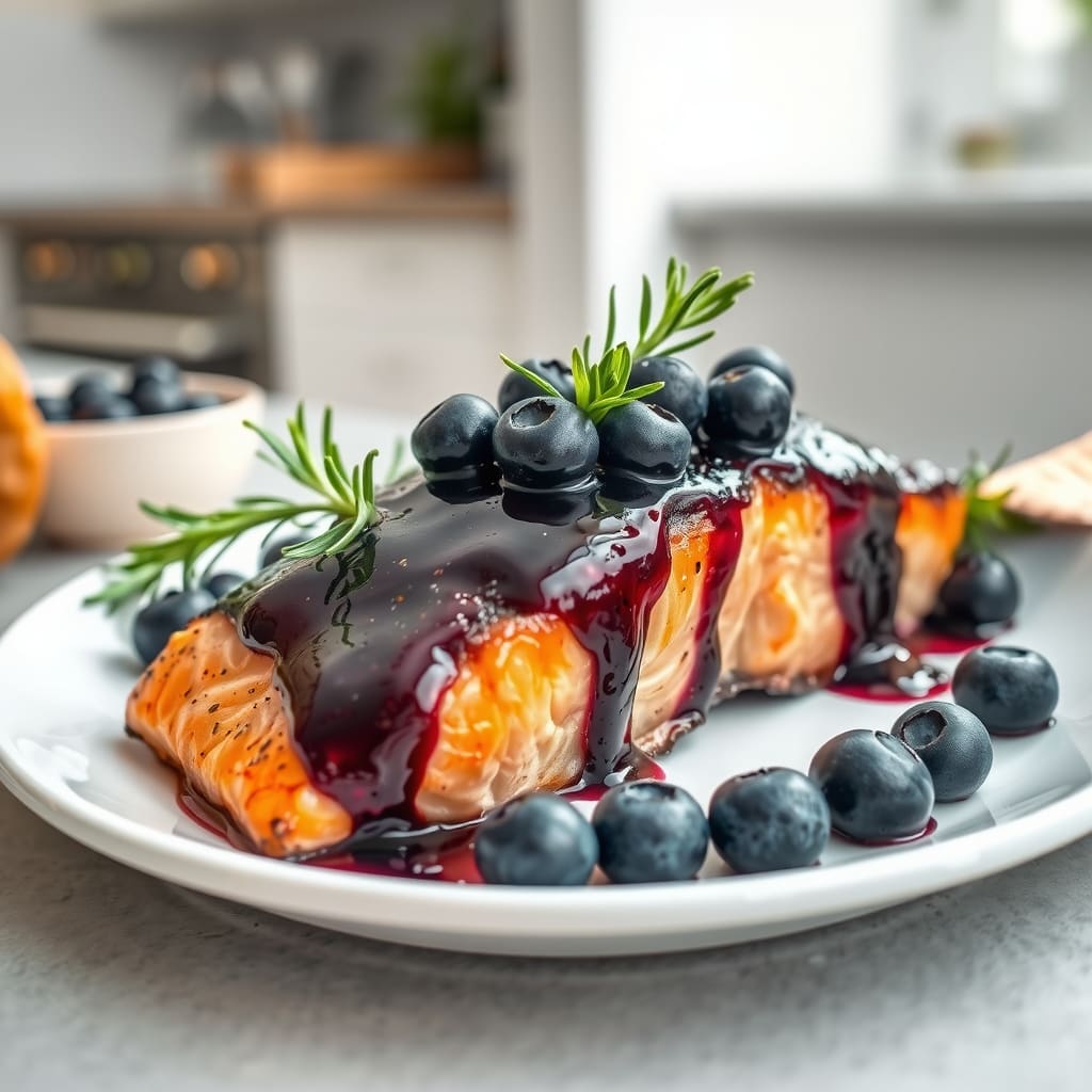 Filete de salmón sellado bañado en un glaseado brillante de arándanos y vinagre balsámico.
