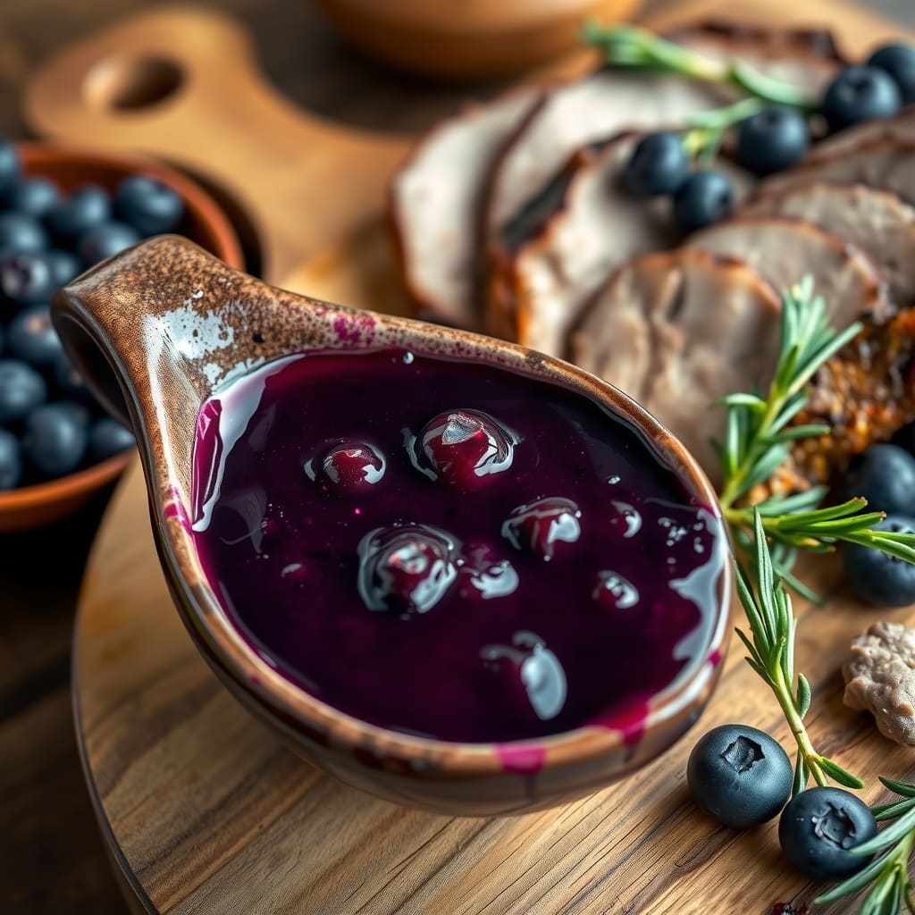 Salsa espesa de arándanos de un color morado intenso en una salsera de cerámica rústica, servida junto a un lomo de cerdo asado y decorada con romero.