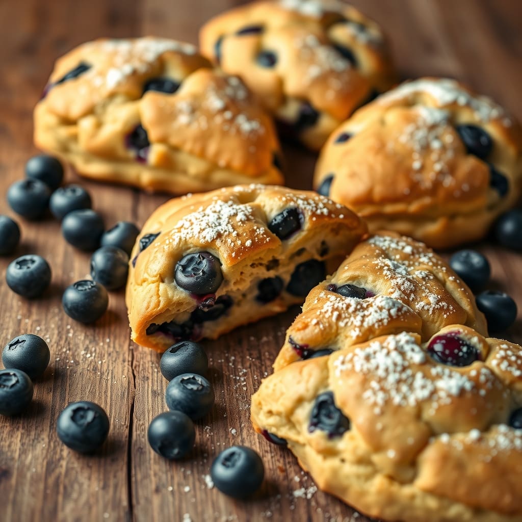 Scones dorados recién horneados con arándanos frescos y vainilla, servidos en una tabla de madera para la hora de las onces.