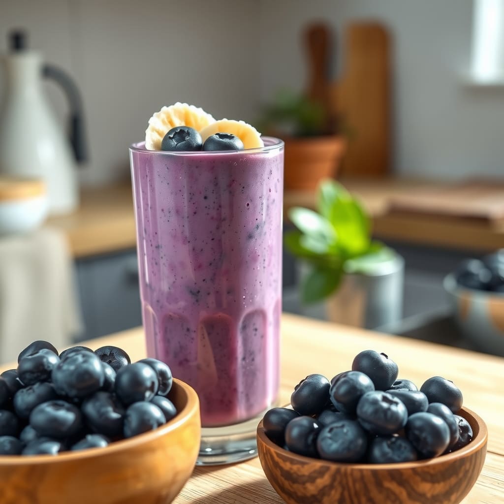 Vaso de vidrio con un smoothie cremoso de color morado intenso, decorado con arándanos frescos enteros en el tope y una rodaja de banano.