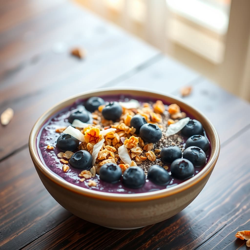 Tazón de smoothie espeso color violeta decorado con arándanos frescos, granola crocante y semillas de chía.