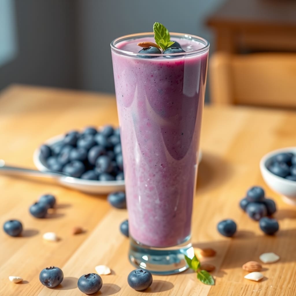Vaso alto con smoothie de arándanos y leche de almendras, decorado con arándanos frescos en la superficie.