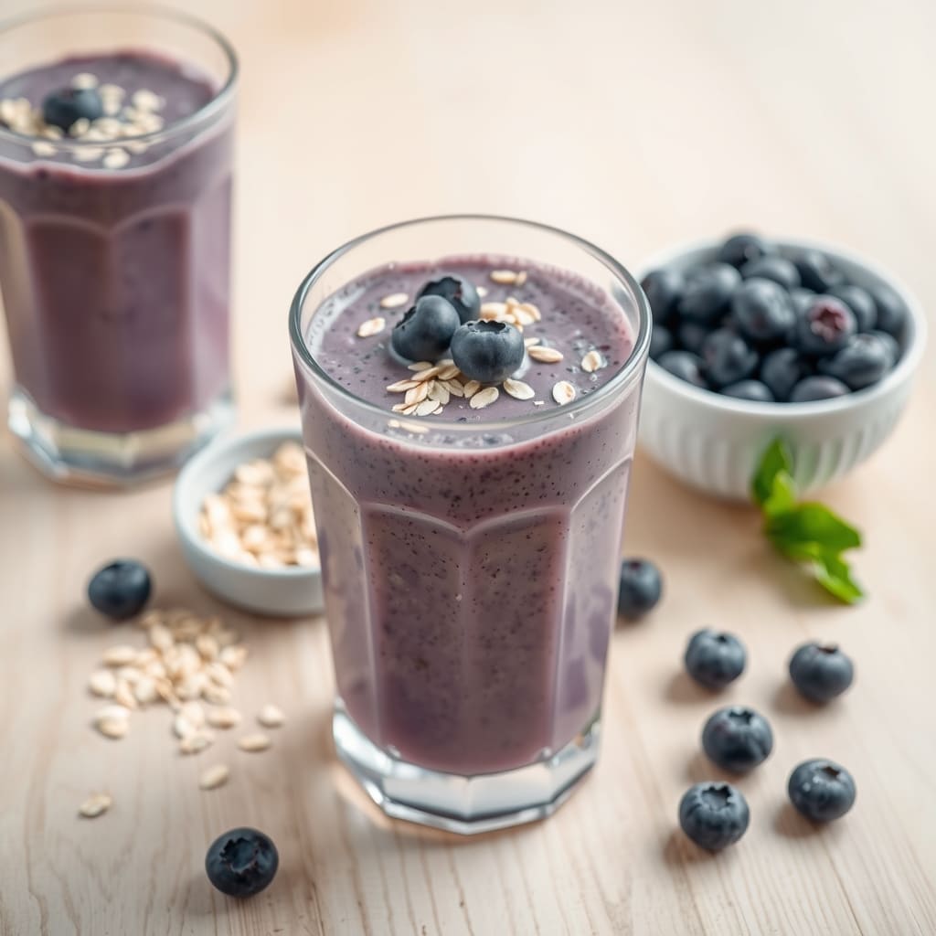 Vaso de smoothie morado de arándanos con yogur griego y avena, decorado con arándanos frescos y hojuelas de avena
