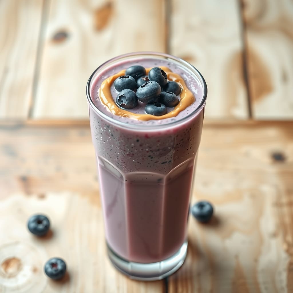 Vaso alto con smoothie cremoso de arándanos y mantequilla de maní, decorado con arándanos enteros encima.