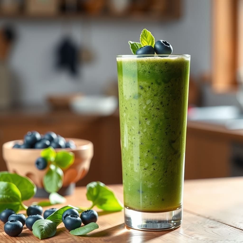 Vaso de cristal con un smoothie verde brillante decorado con arándanos frescos enteros y hojas de espinaca en una mesa de madera.