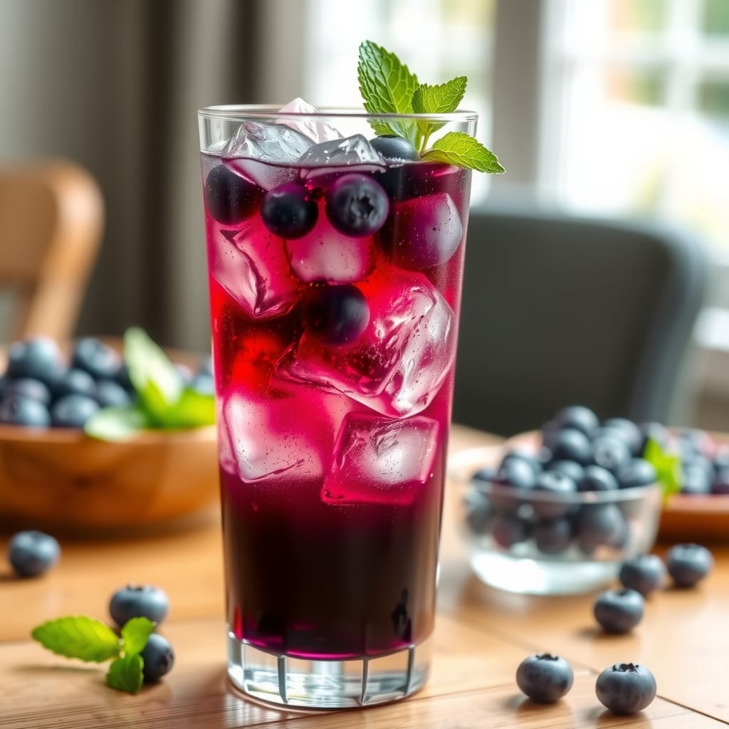 Vaso alto con soda italiana de arándanos, hielo, agua con gas y arándanos frescos flotando con hojas de hierbabuena.