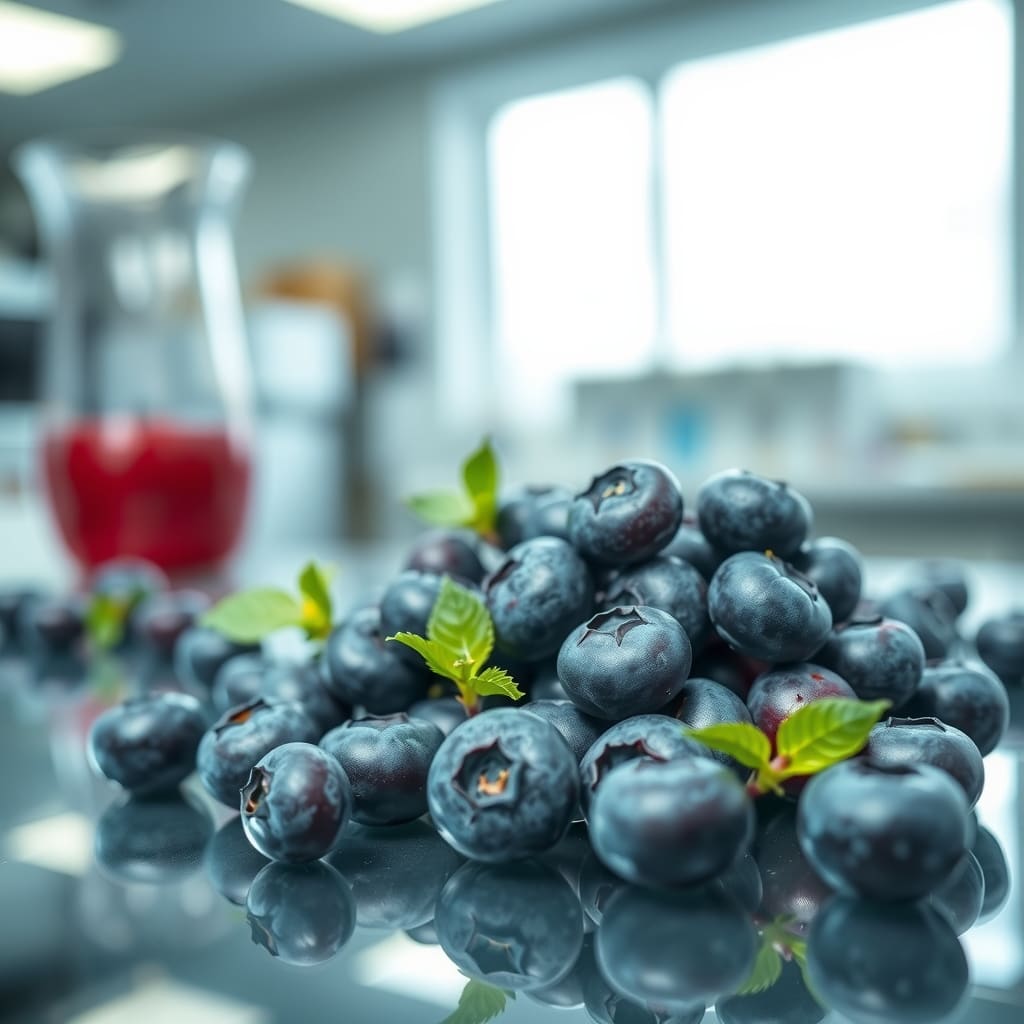 Arándanos frescos conservados con una película protectora biodegradable en un laboratorio de alimentos.