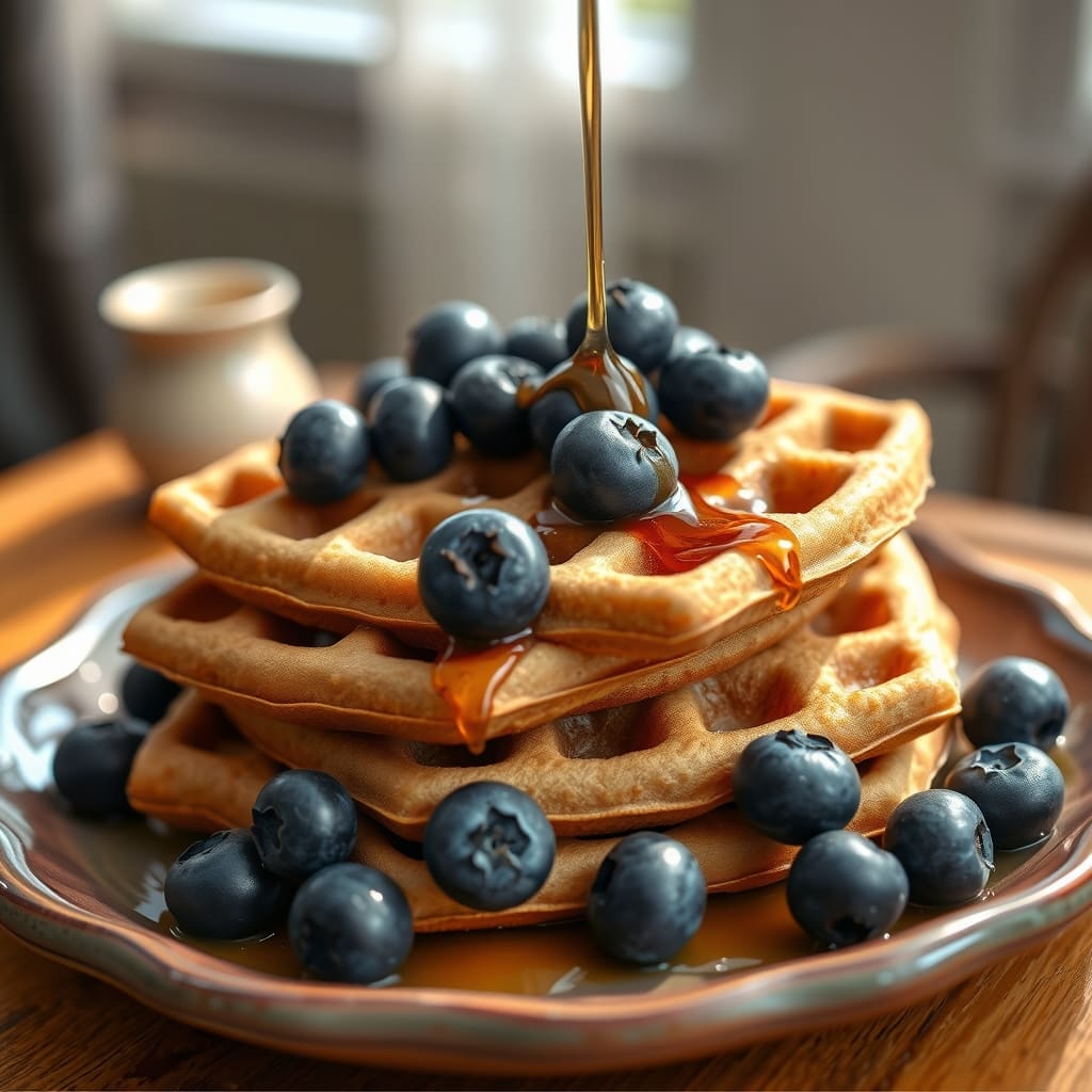 Waffles integrales dorados y crujientes, servidos en un plato de cerámica con arándanos frescos encima y un chorrito de miel cayendo suavemente.