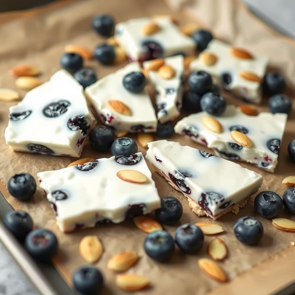 Trozos de yogur helado con arándanos frescos y almendras fileteadas sobre papel de horno